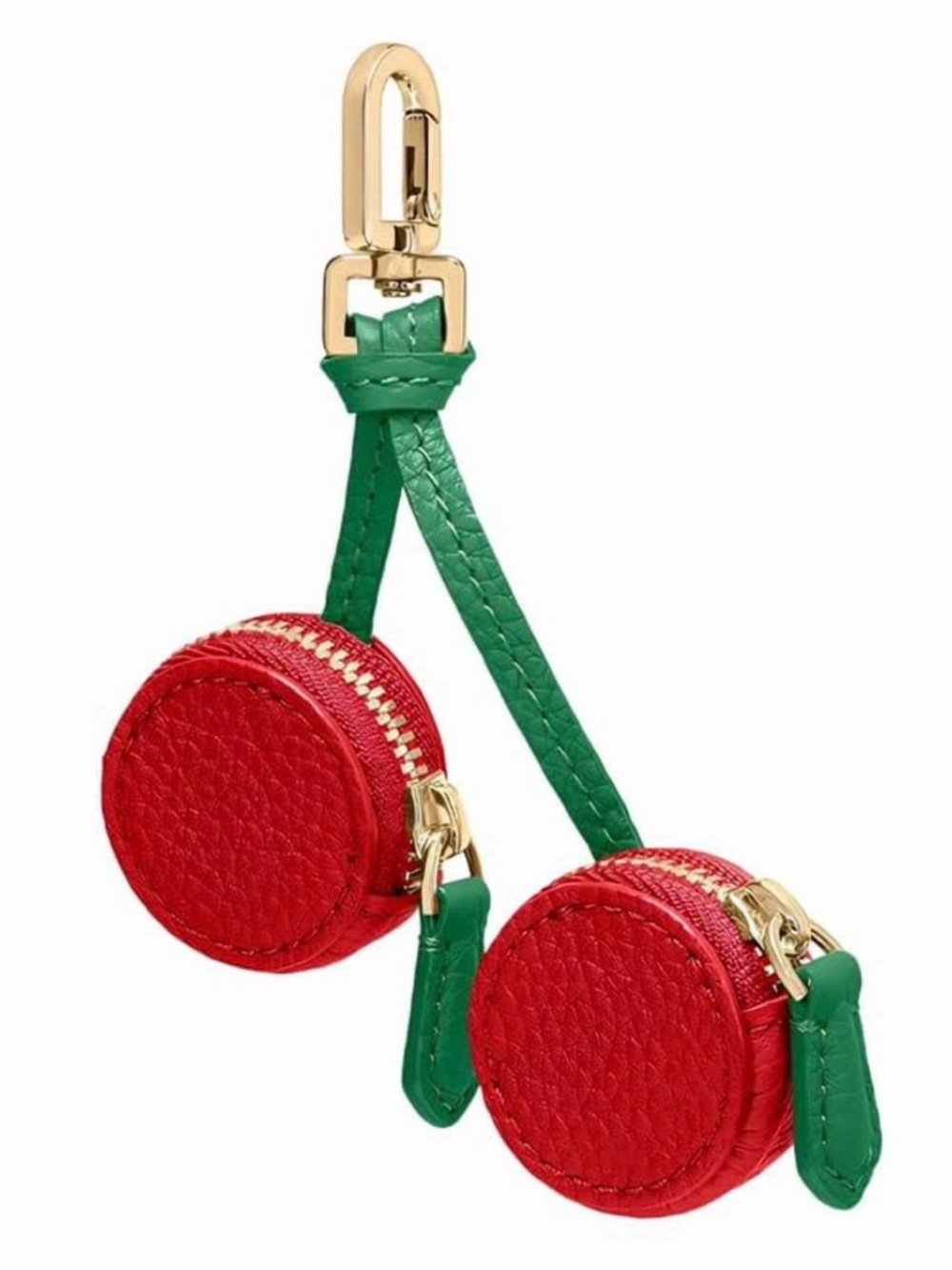 Red Round Double Mini Bag Charm with Green Strap and Gold Hardware